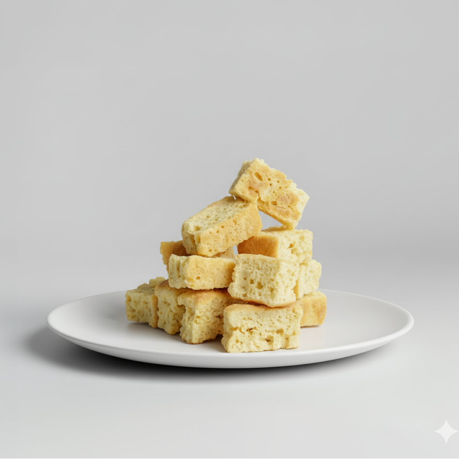 Stack of bread cubes on a white plate with a gray background