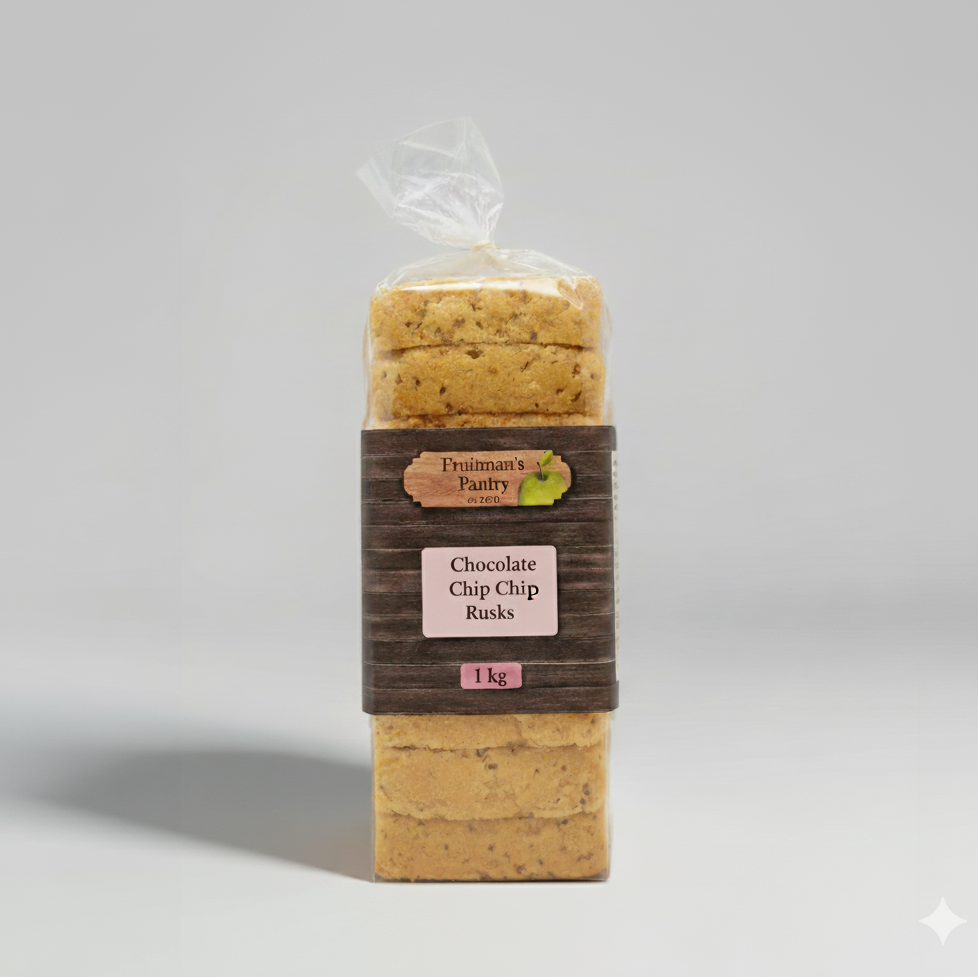 Packaged chocolate chip rusks with a label on a gray background