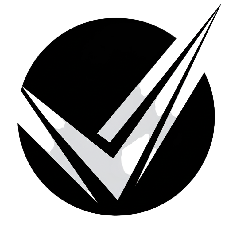 Black geometric logo on a light gray background